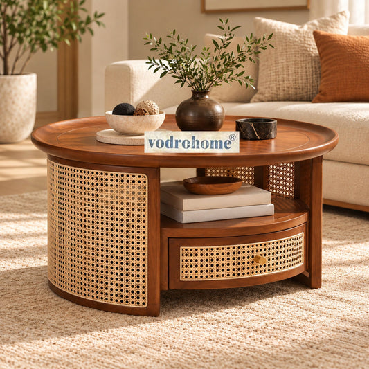 vodrohome rattan coffee table with drawer – cane center table with shelf for storage – bohemian solid mango wood coffee table for office and living room C#054 Variation