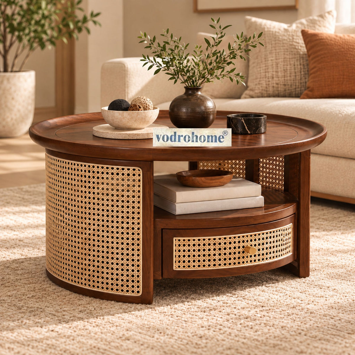 vodrohome rattan coffee table with drawer – cane center table with shelf for storage – bohemian solid mango wood coffee table for office and living room C#054 Variation
