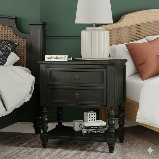 Vodrohome solid sheesham wood nightstand table with two drawers and a shelf - olympus bedside table in matt black 65x48x70 Cm  S#015