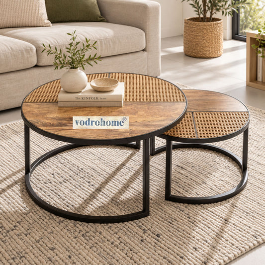 vodrohome cane nesting coffee table - rattan round centre table with storage – set of 2 mango wood center table  C#048