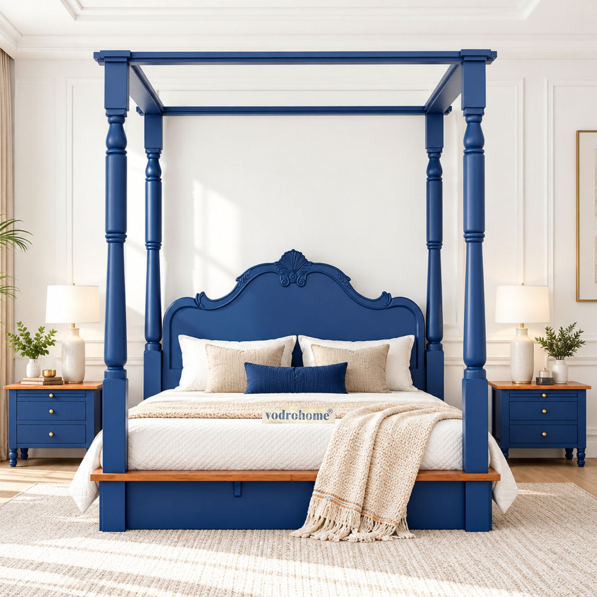 Vodrohome florina solid acacia wood poster bed – egyptian blue canopy bed – pedestal coat B#025