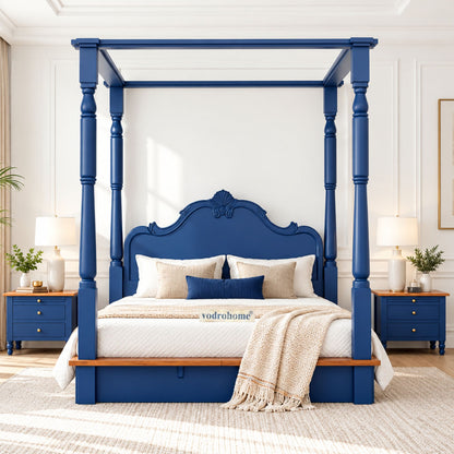 Vodrohome florina solid acacia wood poster bed – egyptian blue canopy bed – pedestal coat B#025