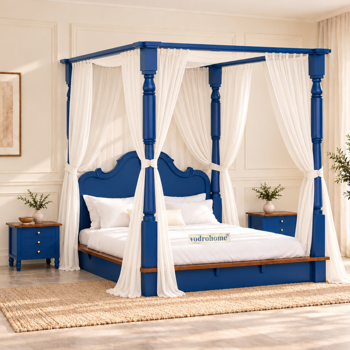 Vodrohome florina solid acacia wood poster bed – egyptian blue canopy bed – pedestal coat B#025