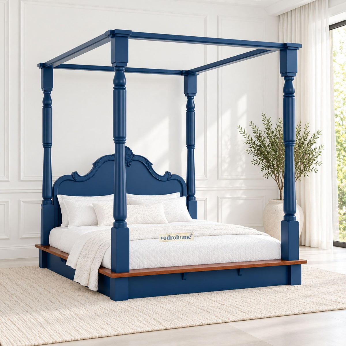 Vodrohome florina solid acacia wood poster bed – egyptian blue canopy bed – pedestal coat B#025