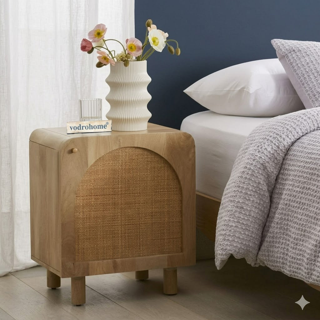 Vodrohome mango wood rattan bedside table with Shelf – Hawamahal collection cane side table  50x40x60 cm S#057