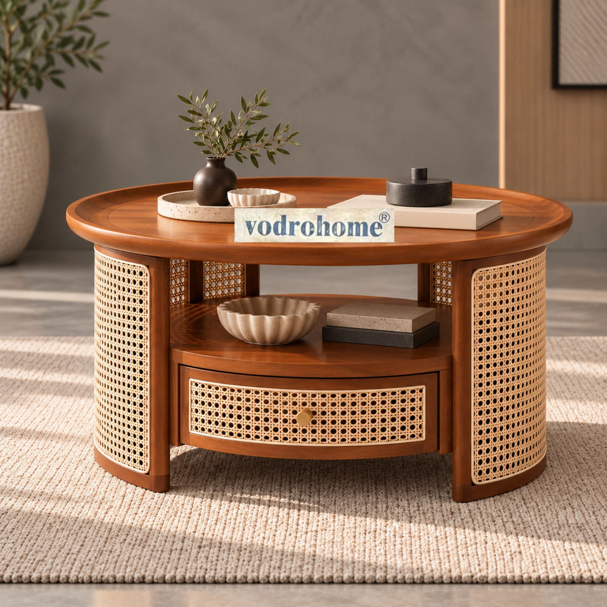 vodrohome rattan coffee table with drawer – cane center table with shelf for storage – bohemian solid mango wood coffee table for office and living room C#054 Variation