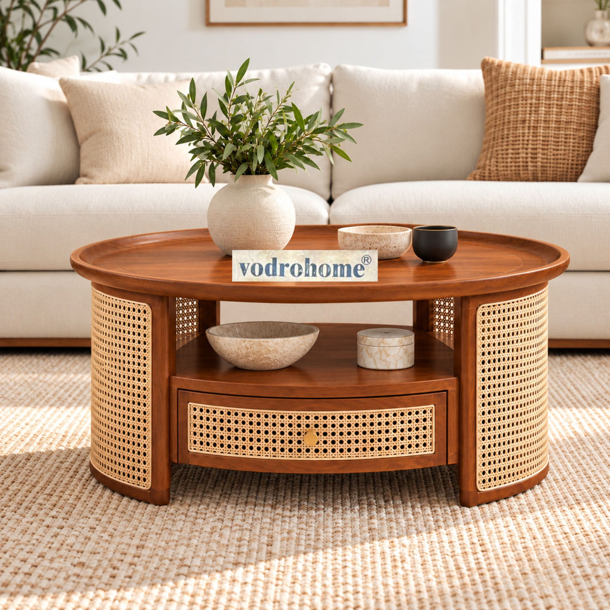 vodrohome rattan coffee table with drawer – cane center table with shelf for storage – bohemian solid mango wood coffee table for office and living room C#054 Variation