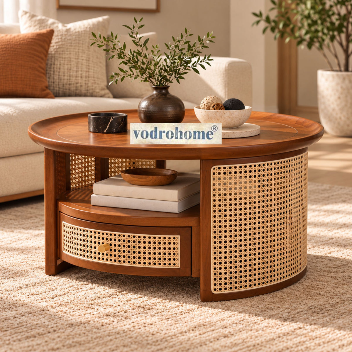 vodrohome rattan coffee table with drawer – cane center table with shelf for storage – bohemian solid mango wood coffee table for office and living room C#054 Variation