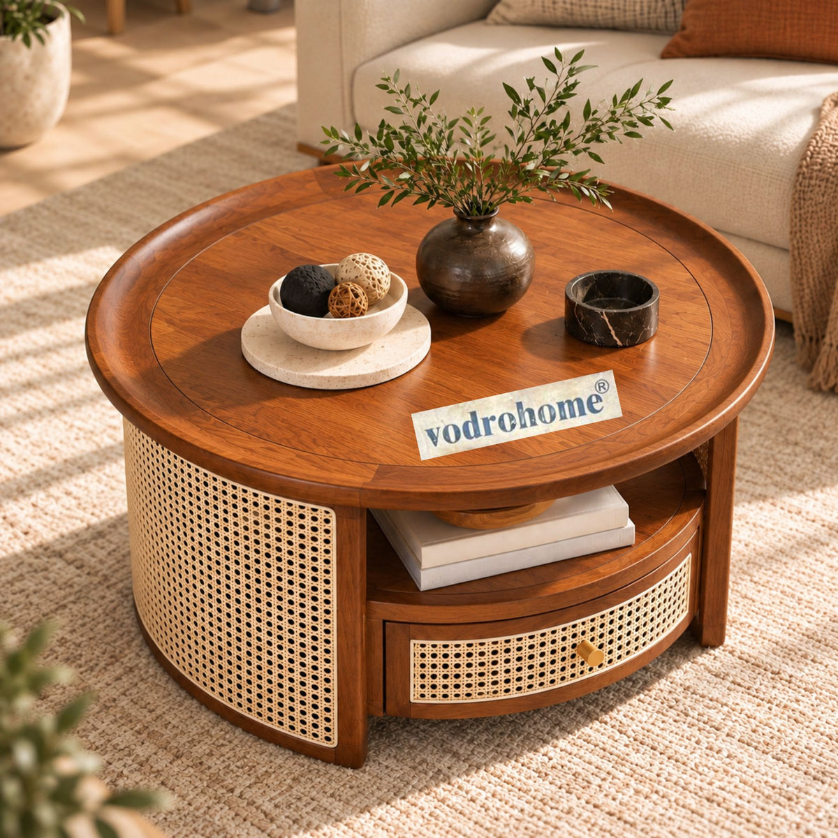 vodrohome rattan coffee table with drawer – cane center table with shelf for storage – bohemian solid mango wood coffee table for office and living room C#054 Variation
