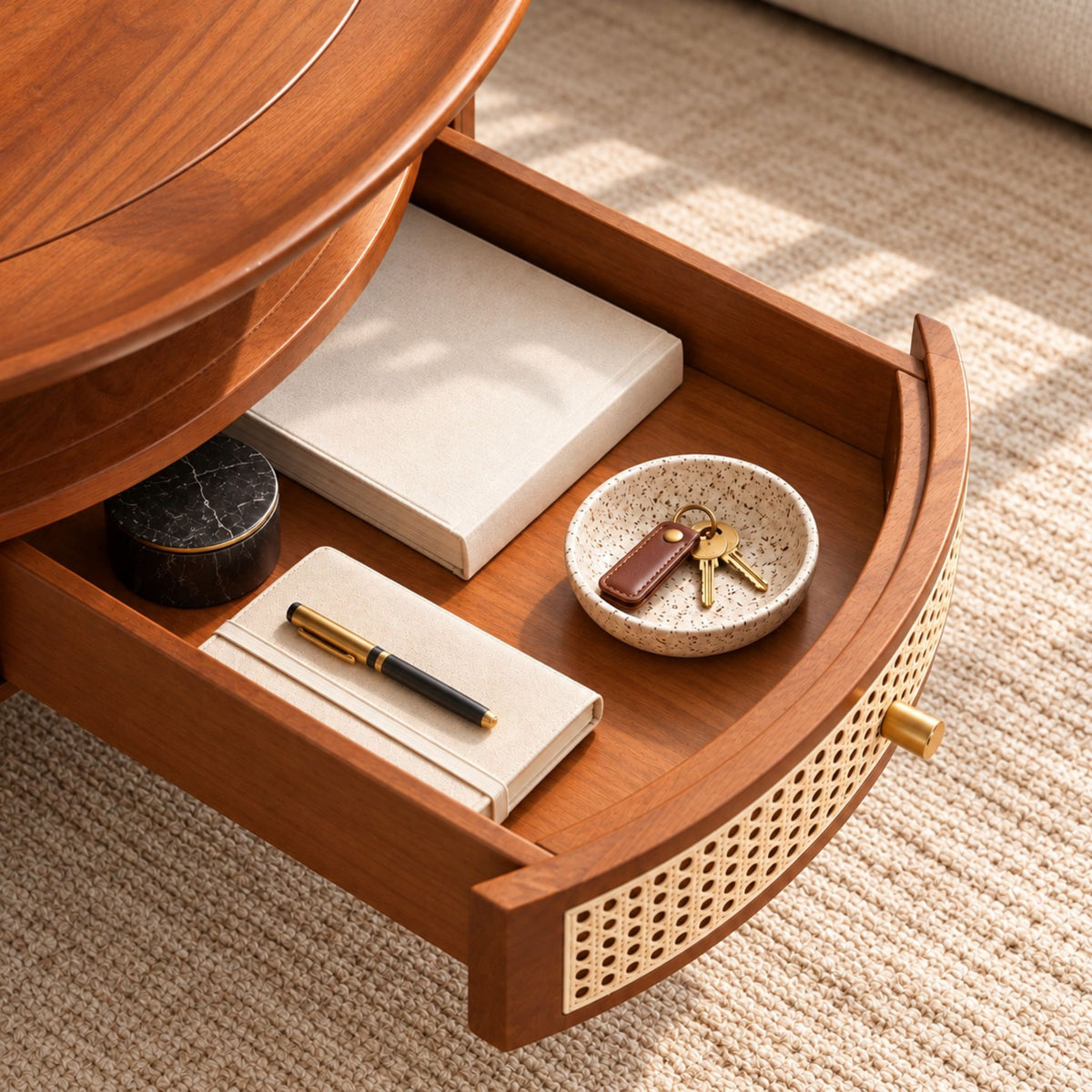 vodrohome rattan coffee table with drawer – cane center table with shelf for storage – bohemian solid mango wood coffee table for office and living room C#054 Variation
