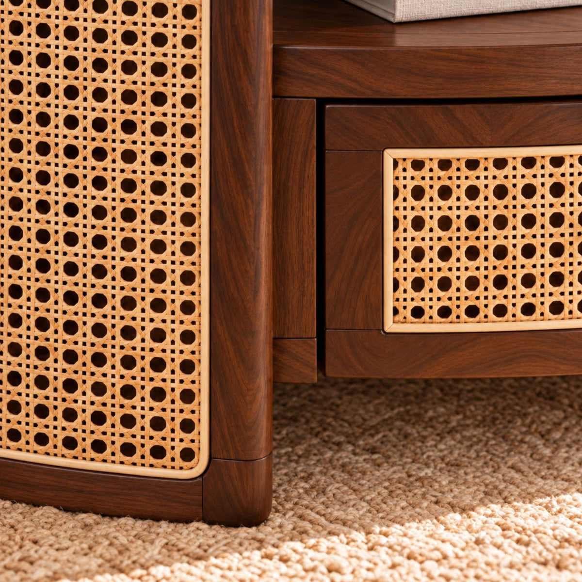 vodrohome rattan coffee table with drawer – cane center table with shelf for storage – bohemian solid mango wood coffee table for office and living room C#054 Variation