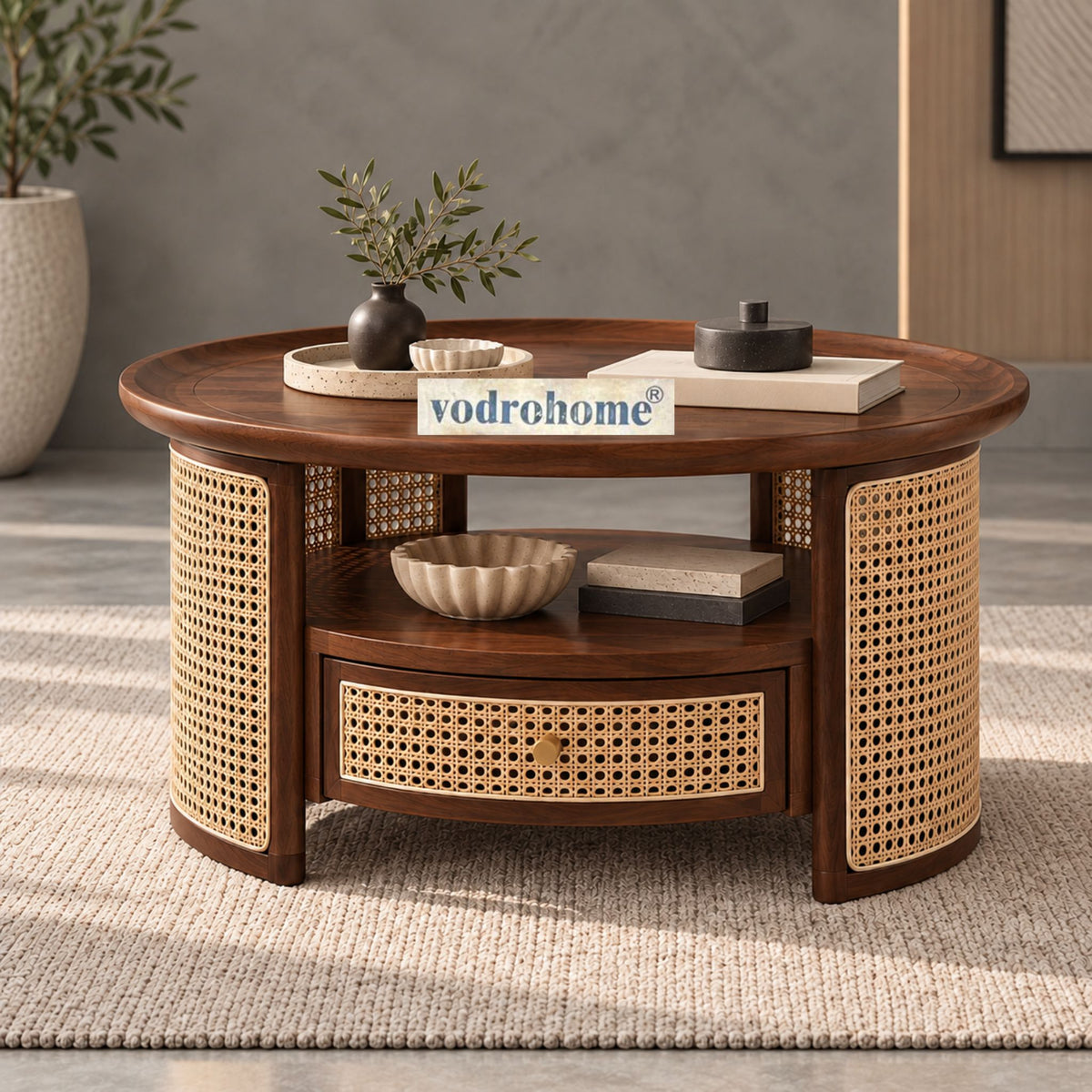 vodrohome rattan coffee table with drawer – cane center table with shelf for storage – bohemian solid mango wood coffee table for office and living room C#054 Variation