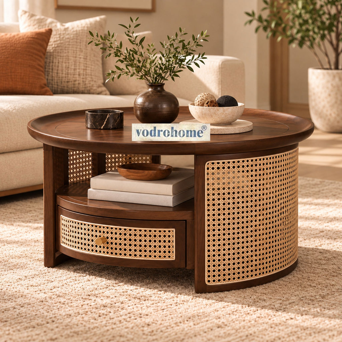 vodrohome rattan coffee table with drawer – cane center table with shelf for storage – bohemian solid mango wood coffee table for office and living room C#054 Variation