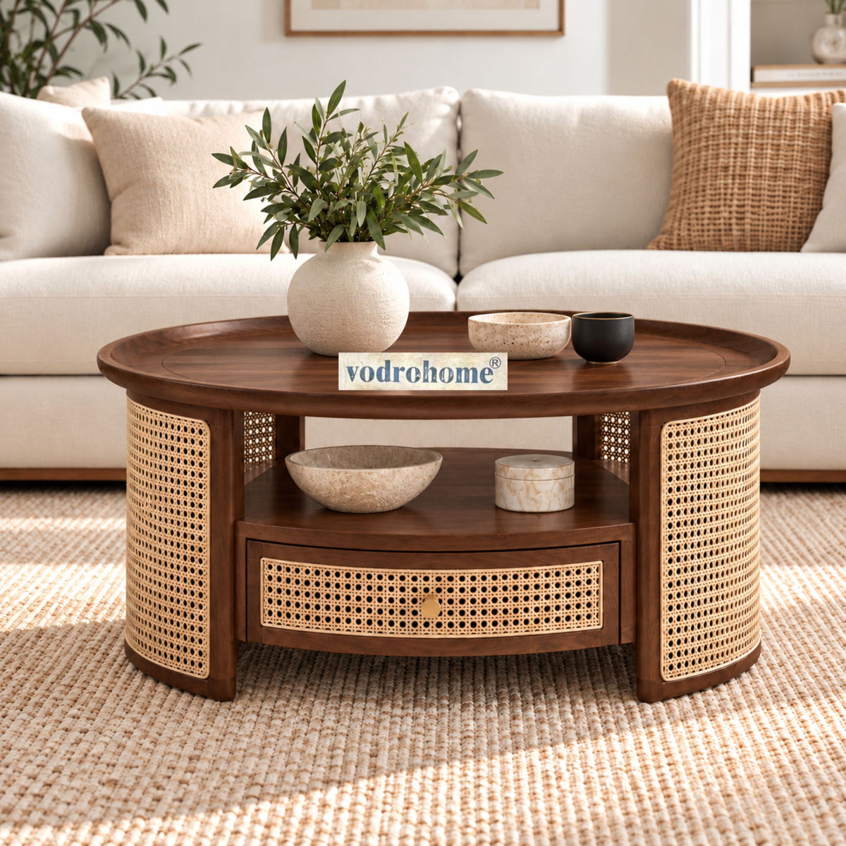 vodrohome rattan coffee table with drawer – cane center table with shelf for storage – bohemian solid mango wood coffee table for office and living room C#054 Variation