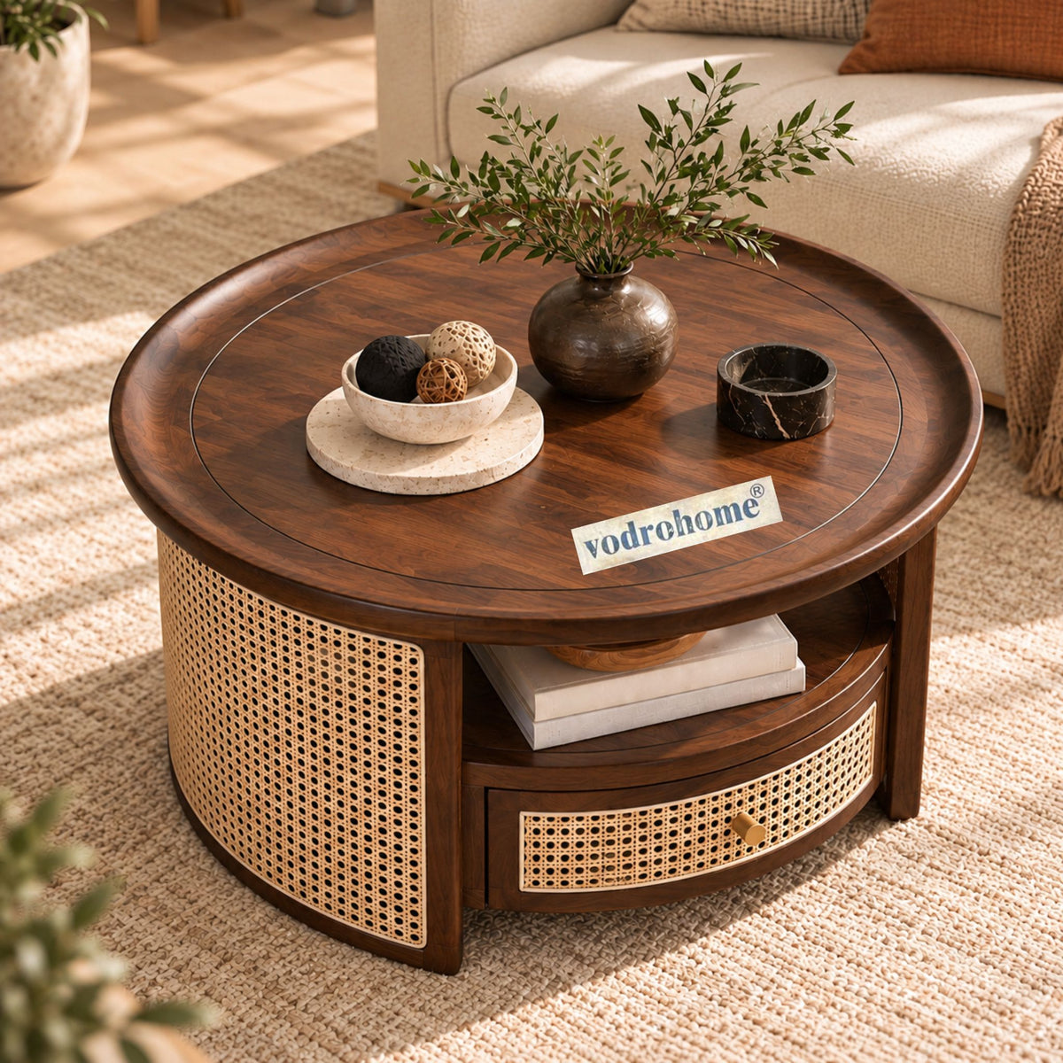 vodrohome rattan coffee table with drawer – cane center table with shelf for storage – bohemian solid mango wood coffee table for office and living room C#054 Variation