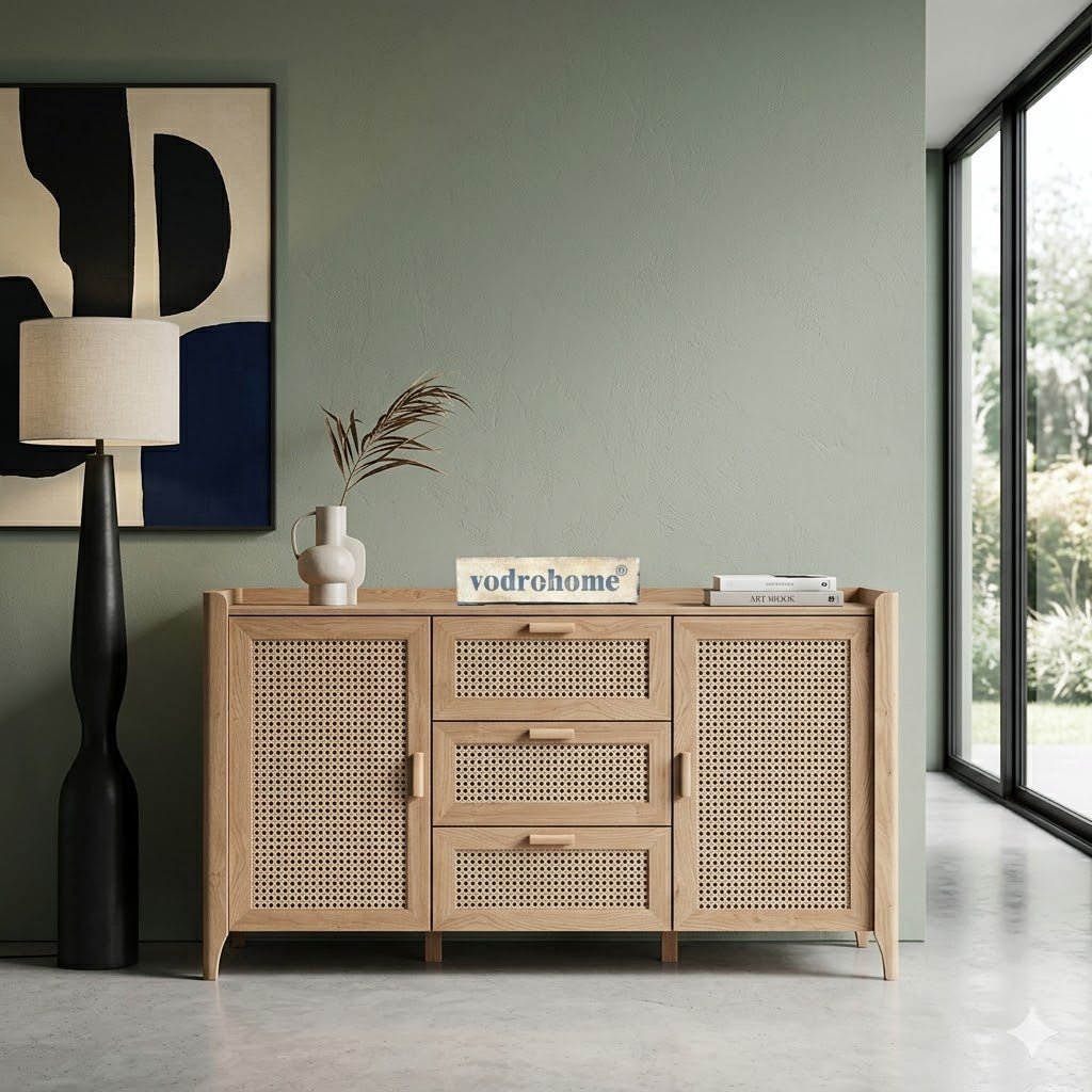 Vodrohome solid wood mango crockery unit - summer garden dresser with drawers – rattan cane side board. CM  SB#008