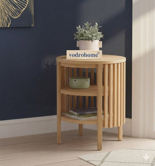 Vodrohome solid wood slatted side table with natural deco –bedsite with open shelf round end table  45x45x55 cm S#054