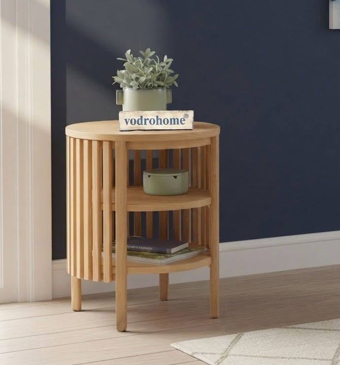 Vodrohome solid wood slatted side table with natural deco –bedsite with open shelf round end table  45x45x55 cm S#054