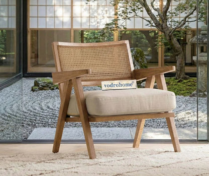 vodrohome Rattan cane accent Z chair -  upholstered arm chair cum sofa lounge chair mango wood, beige 68x69x70 cm CH#022