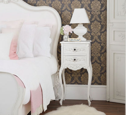 Vodrohome Craved Bedside Table with Two Drawers – French style night stand  - white side table for bedroom S#038