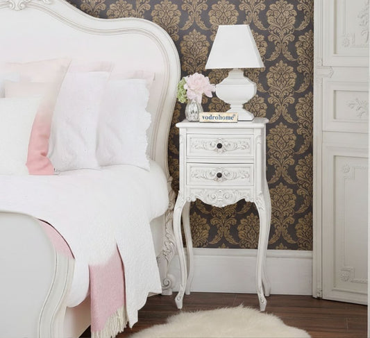 Vodrohome Craved Bedside Table with Two Drawers – French style night stand  - white side table for bedroom S#038