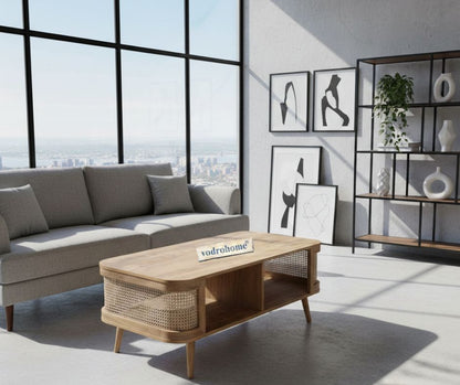 vodrohome Rattan Coffee Table With storage – cane center table with shelf for storage – bohemian solid mango wood coffee table for office and living room C#061