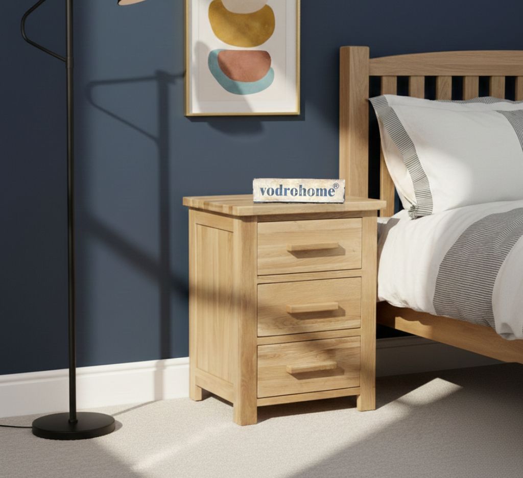 Vodrohome Solid Acacia wood night stand table modern - three drawers bed side table 47x42x60 cm  S#030