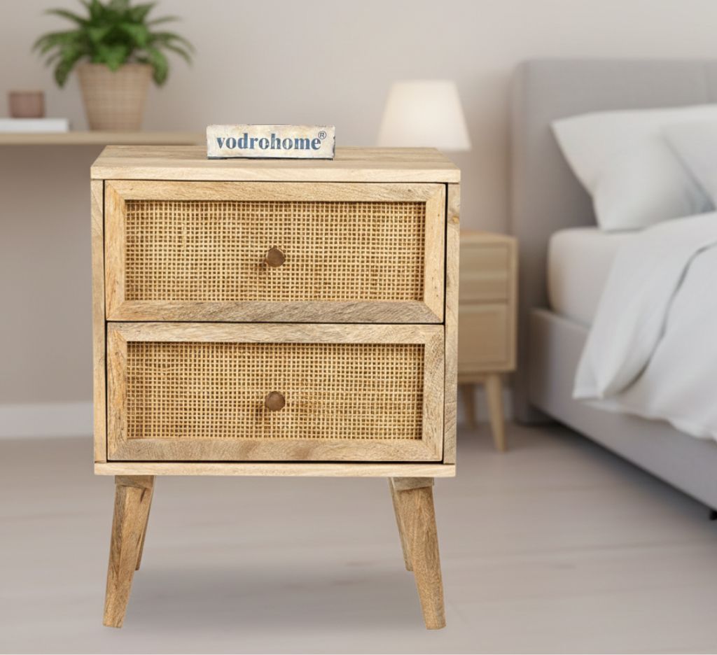 Vodrohome rattan cane side table with two drawers – bohemian solid mango wood cane iron sofa side end table – cane end table for living S#050