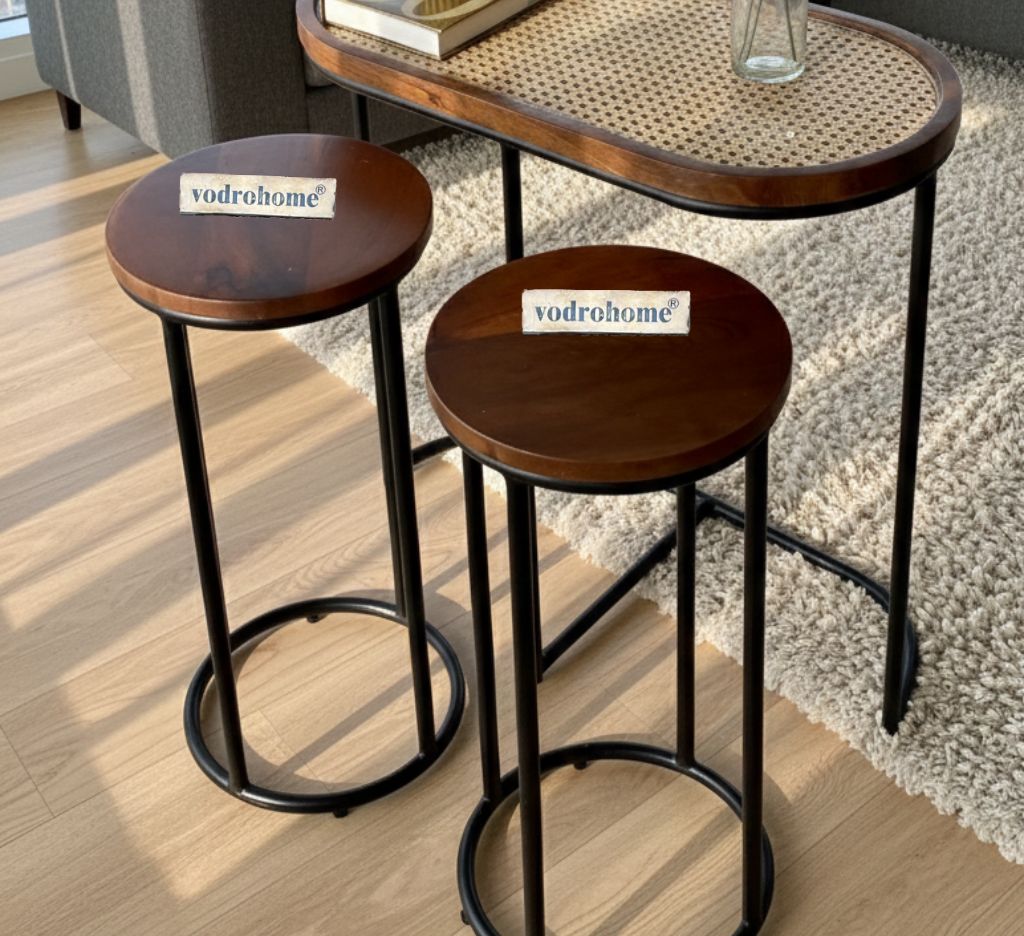 Vodrohome charcoal rattan cane side table with glass top – end table - set of three side table  – wood and cane nesting table S#048