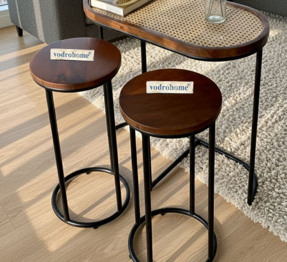 Vodrohome charcoal rattan cane side table with glass top – end table - set of three side table  – wood and cane nesting table S#048