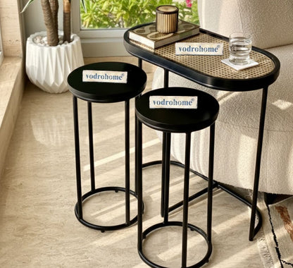 Vodrohome charcoal rattan cane side table with glass top – end table - set of three side table  – wood and cane nesting table S#048