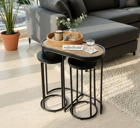 Vodrohome charcoal rattan cane side table with glass top – end table - set of three side table  – wood and cane nesting table S#048