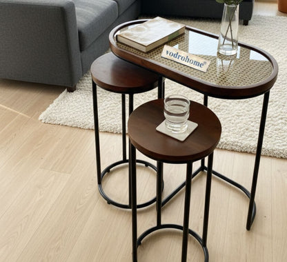 Vodrohome charcoal rattan cane side table with glass top – end table - set of three side table  – wood and cane nesting table S#048