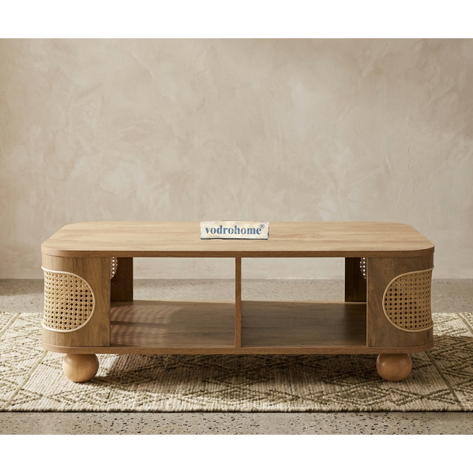 vodrohome Rattan Coffee Table With storage–cane center table with shelf for storage – bohemian solid mango wood coffee table for office and living room C#077