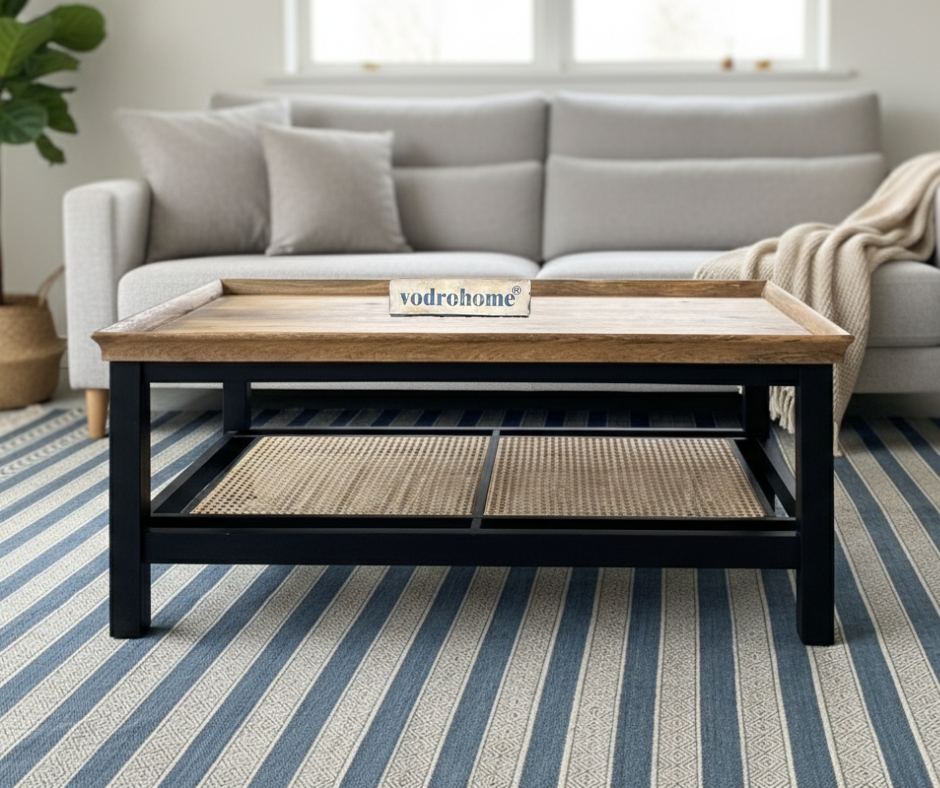 vodrohome solid mango wood coffee table with rattan cane - rectangle centre table ideal tea table for living rooms C#046