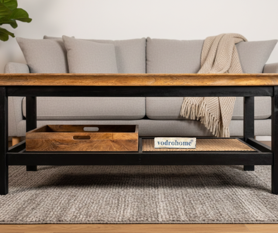 vodrohome solid mango wood coffee table with rattan cane - rectangle centre table ideal tea table for living rooms C#046