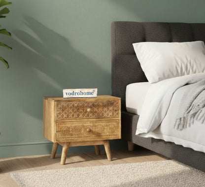 Vodrohome mango wood bedside table with two drawers – classic design night stand with beautiful carving  50x35x45  cm S#019