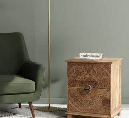 Vodrohome mango wood bedside table with two drawers – classic design night stand with beautiful carving  40x33x51 cm S#018