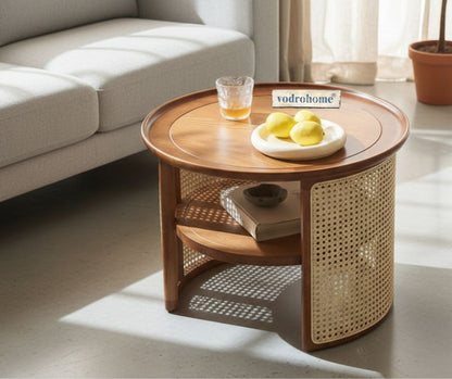 vodrohome Rattan Coffee Table – cane center table with shelf for storage – bohemian solid mango wood coffee table for office and living room C#056