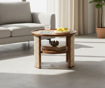 vodrohome Rattan Coffee Table – cane center table with shelf for storage – bohemian solid mango wood coffee table for office and living room C#056