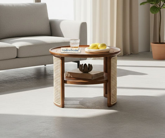 vodrohome Rattan Coffee Table – cane center table with shelf for storage – bohemian solid mango wood coffee table for office and living room C#056