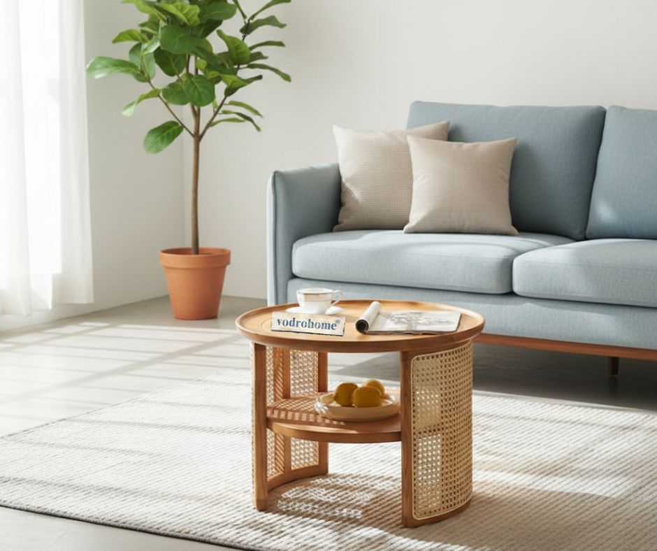 vodrohome Rattan Coffee Table – cane center table with shelf for storage – bohemian solid mango wood coffee table for office and living room C#056