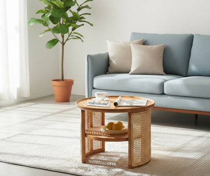 vodrohome Rattan Coffee Table – cane center table with shelf for storage – bohemian solid mango wood coffee table for office and living room C#056