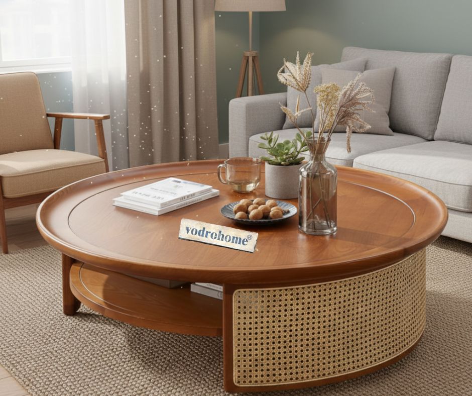 vodrohome Rattan Coffee Table – cane center table with shelf for storage – bohemian solid mango wood coffee table for office and living room C#081