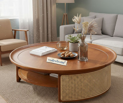 vodrohome Rattan Coffee Table – cane center table with shelf for storage – bohemian solid mango wood coffee table for office and living room C#081
