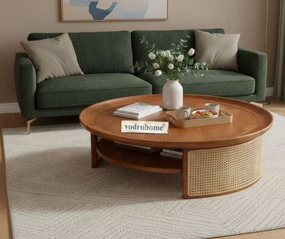 vodrohome Rattan Coffee Table – cane center table with shelf for storage – bohemian solid mango wood coffee table for office and living room C#081