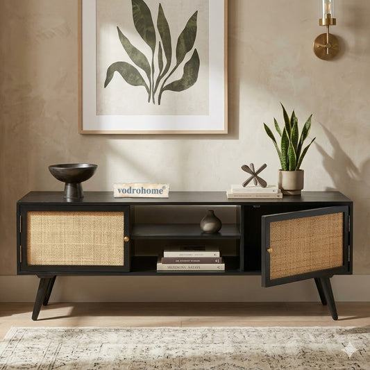 vodrohome modern tv unit cabinet– solid mango wood tvc 2 cupboards – tv consol table with set up box shelf  TV#013