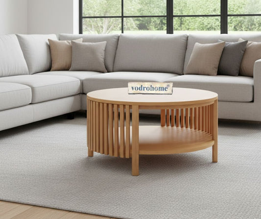 vodrohome slatted Coffee Table – solid mango wod center table with shelf for storage – bohemian teapot table for sofa, office and living room C#071