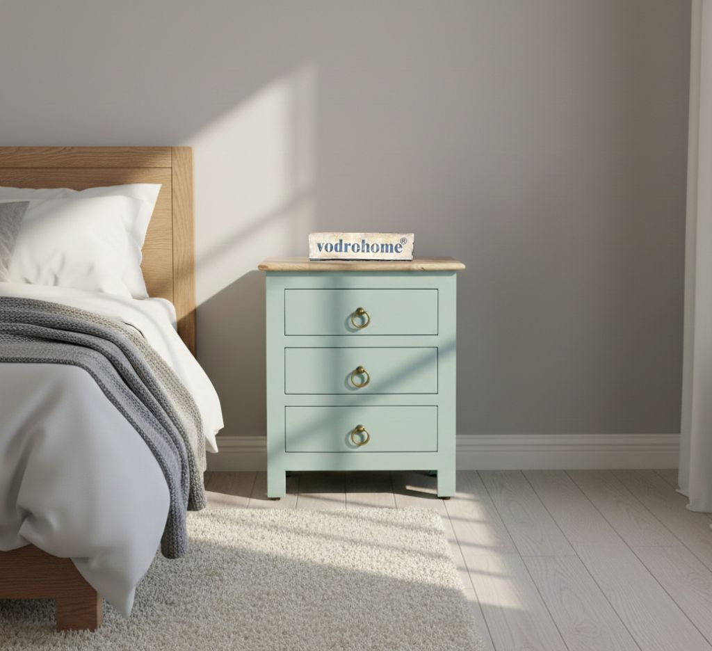 Vodrohome Solid mango wood bedside table - three drawers night stand end table 45x35x50 cm  S#021