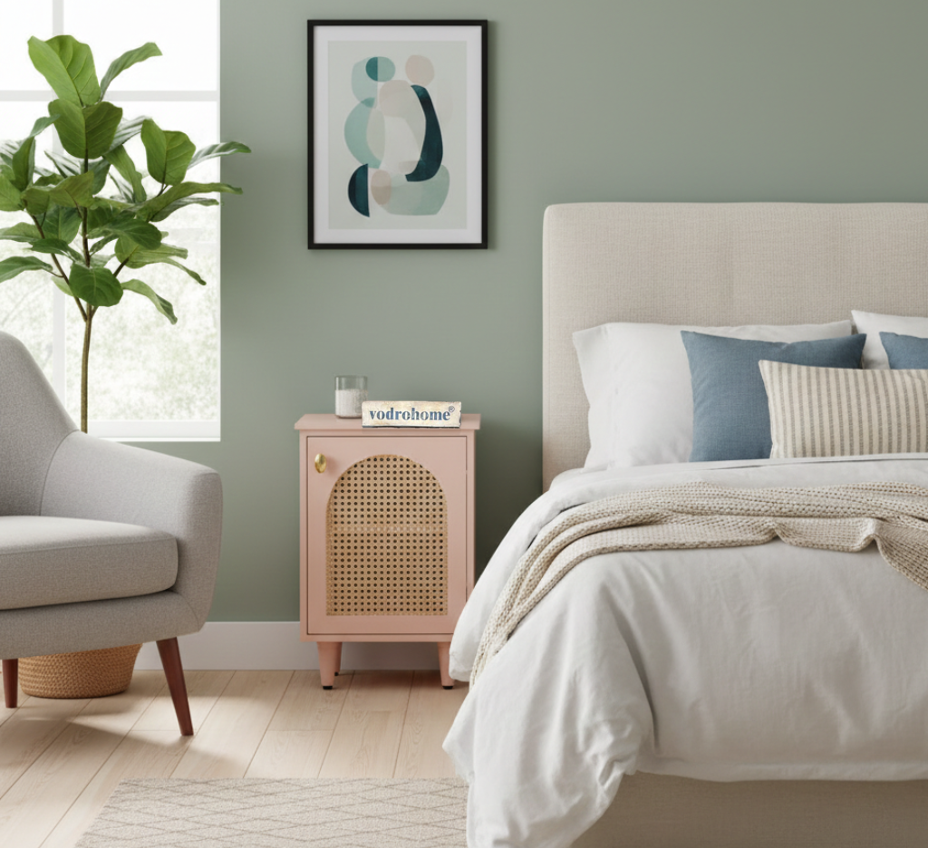 Vodrohome Mango wood rattan bedside table with Shelf – Hawamahal collection cane side table  38x37x56 cm S#002